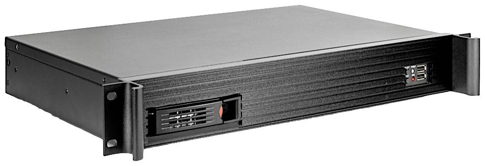 Ein schwarzer Server im Rack-Format mit einem Einschub an der Vorderseite, geeignet für die Montage in einem Server-Rack.