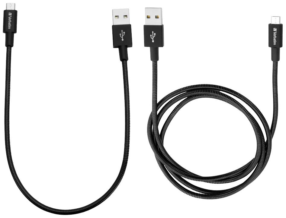 Zwei schwarze USB-Kabel von Verbatim, eines kürzer und eines länger, beide mit USB-A- und Micro-USB-Anschlüssen.
