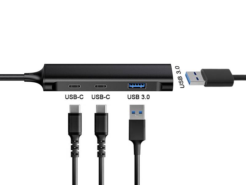 USB-Hub mit zwei USB-C- und einem USB 3.0-Anschluss. Drei Kabel darunter: zwei USB-C und ein USB 3.0-Kabel.