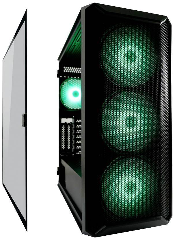 Schwarzes Computergehäuse mit offenem Seitenpanel und vier grünen LED-Lüftern.
