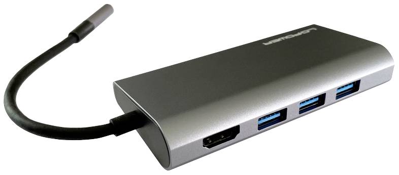 Ein grauer USB-Hub mit drei USB-Anschlüssen und einem HDMI-Anschluss, verbunden über ein Kabel.