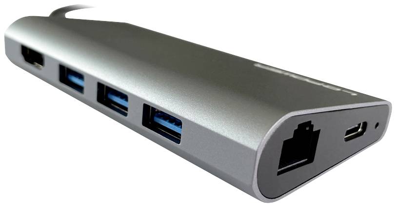 Ein grauer USB-Hub mit mehreren Anschlüssen, darunter USB 3.0- und Ethernet-Port, ermöglicht erweiterte Konnektivität für Geräte.