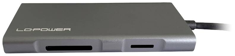 Ein grauer USB-Hub von LC-Power mit mehreren Anschlüssen, darunter SD- und MicroSD-Kartenleser, liegt auf einer weißen Fläche.