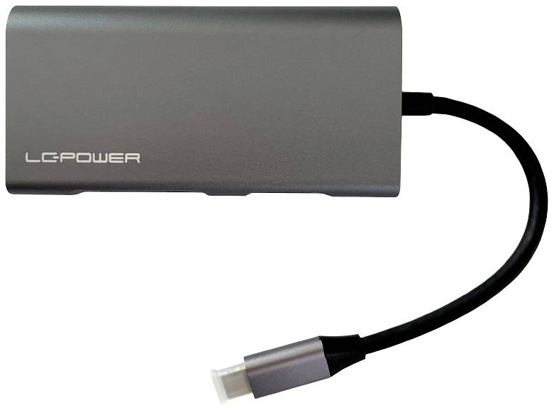 Ein grauer Adapter von LC-Power mit einem USB-C-Anschlusskabel.