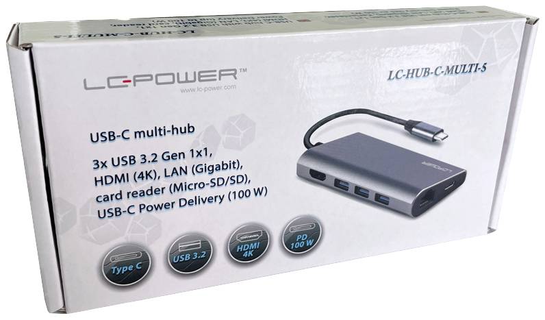 Schachtel zeigt einen USB-C Multi-Hub mit 3 USB 3.2 Ports, HDMI, LAN, Kartenleser und USB-C Power Delivery.