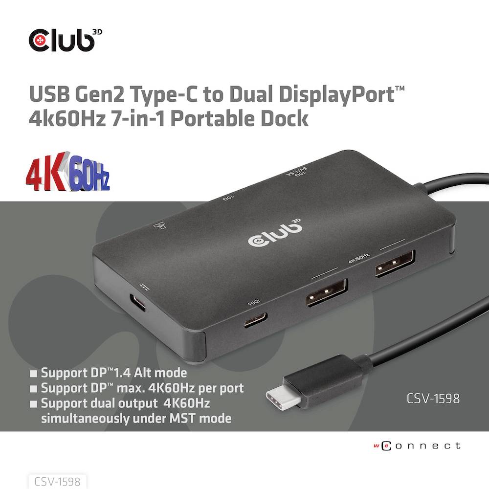 Tragbare Dockingstation mit vier Anschlüssen, unterstützt USB-C zu Dual DisplayPort, 4K bei 60Hz, Modellnummer CSV-1598.