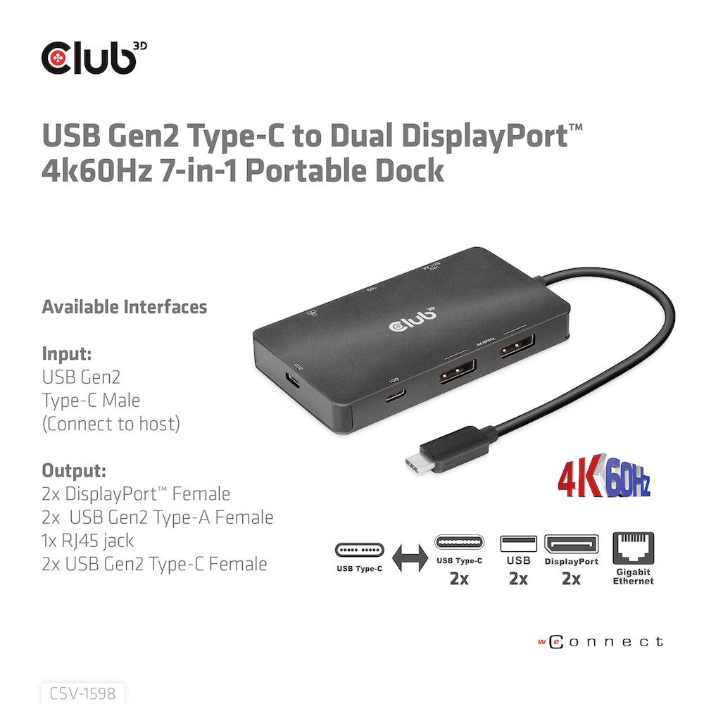 Dual-Display-Dock. USB-C zu zwei DisplayPorts, 4K-Auflösung bei 60Hz. Enthält USB, Ethernet, und Display-Anschlüsse. Gerät ist tragbar.