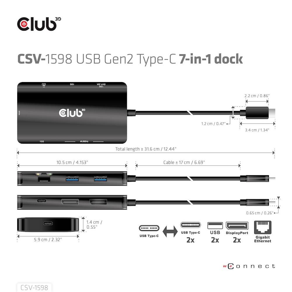 'Club 3D CSV-1598 USB Gen2 Type-C 7-in-1 Dock' zeigt die Vorder- und Rückseite mit Anschlüssen: 2x USB-C, 2x USB-A, DisplayPort, Gigabit Ethernet.