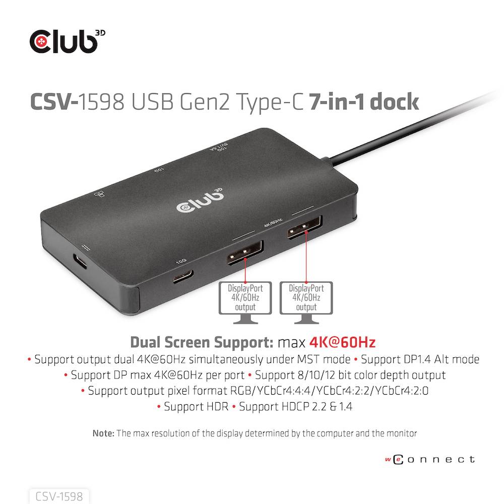USB-C-Dockingstation mit 7 Anschlüssen von 'Club'. Unterstützt Dual 4K@60Hz Display, HDMI, zwei DisplayPorts, USB 3.0, Ethernet und Power Delivery.
