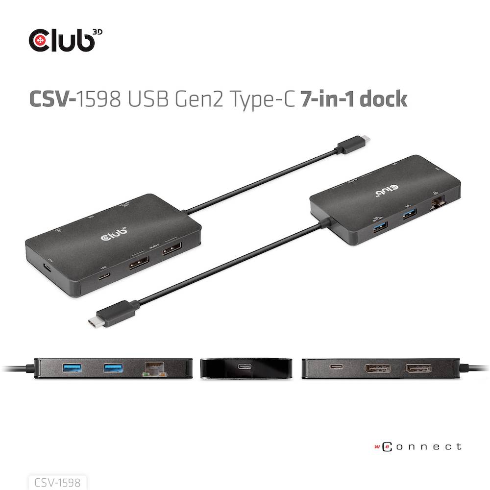 'CSV-1598 USB Gen2 Type-C 7-in-1 Dock', zeigt Vorder- und Seitenansicht eines schwarzen USB-C Dockingstation mit mehreren Anschlüssen.