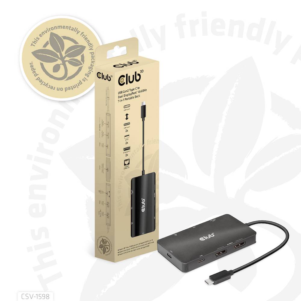 USB-C-Hub auf Tisch vor umweltfreundlicher Verpackung. Verpackung zeigt Markenlogo und Detailinformationen.