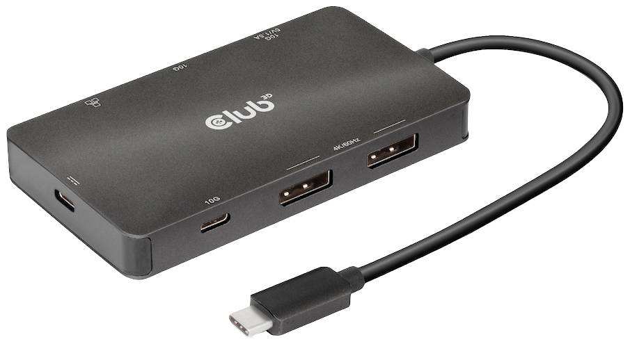 Ein schwarzer USB-C Multiport-Adapter mit mehreren Anschlüssen, darunter USB, HDMI und DisplayPort, geeignet für Computerverbindungen.