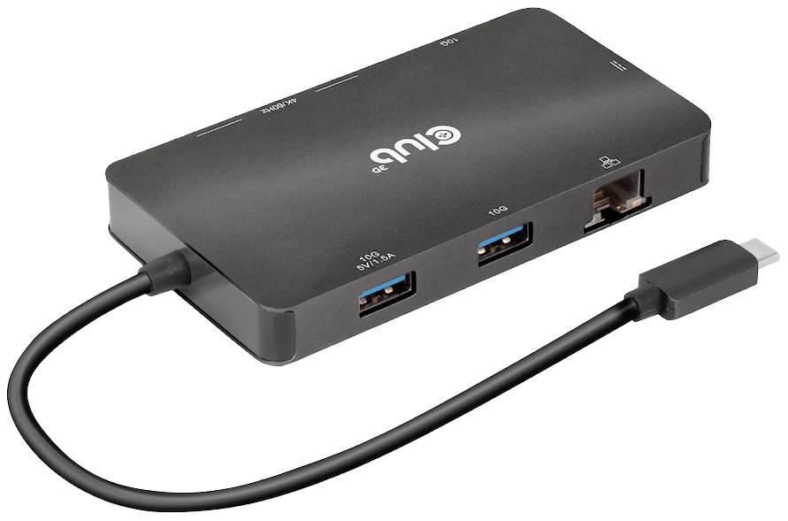 Ein schwarzes USB-C-Hub mit mehreren Anschlüssen, darunter USB-A, HDMI und Ethernet, verbunden mit einem USB-C-Kabel.