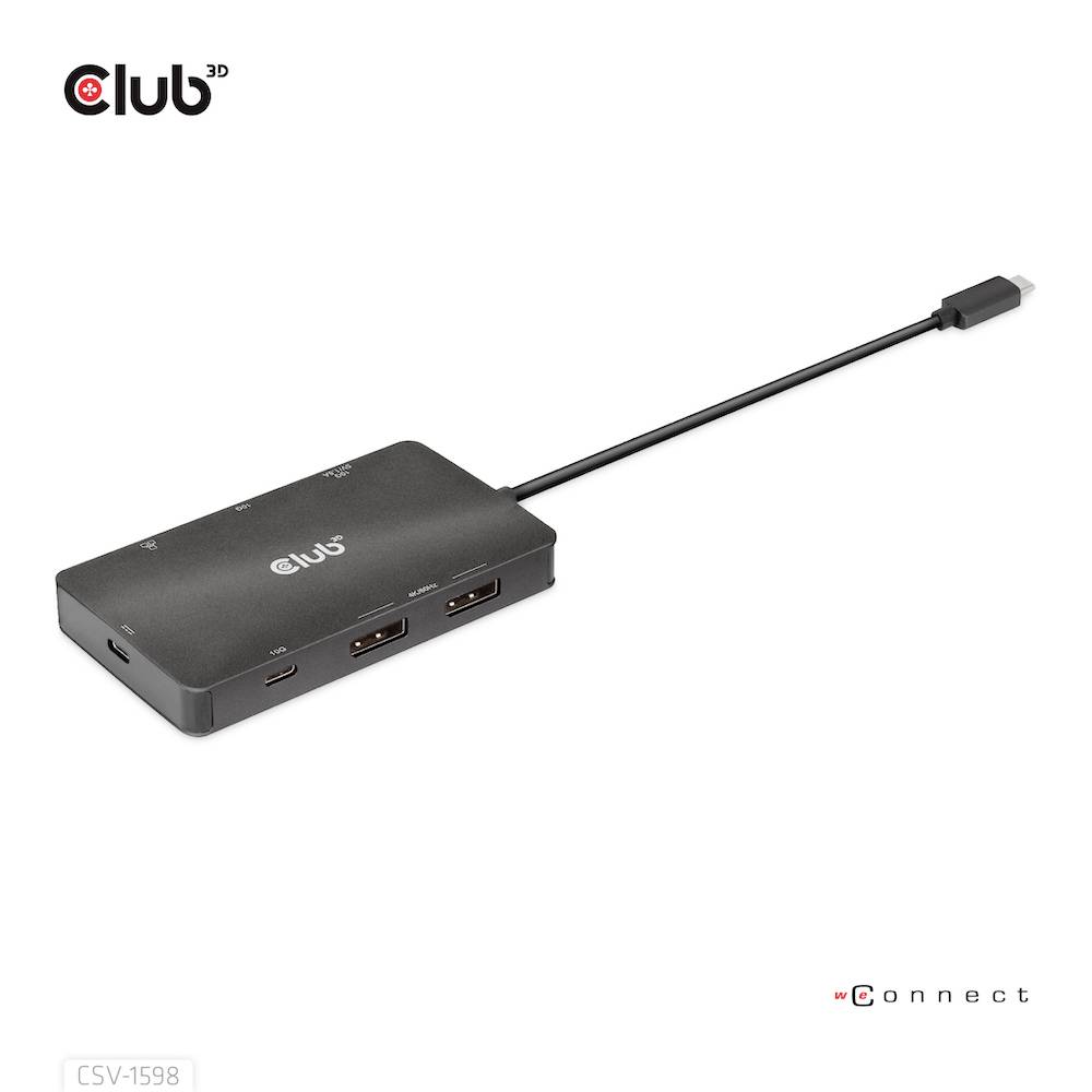 Kompakter schwarzer Adapter mit mehreren Anschlüssen, darunter HDMI und USB, verbunden mit einem USB-C-Kabel auf der rechten Seite.