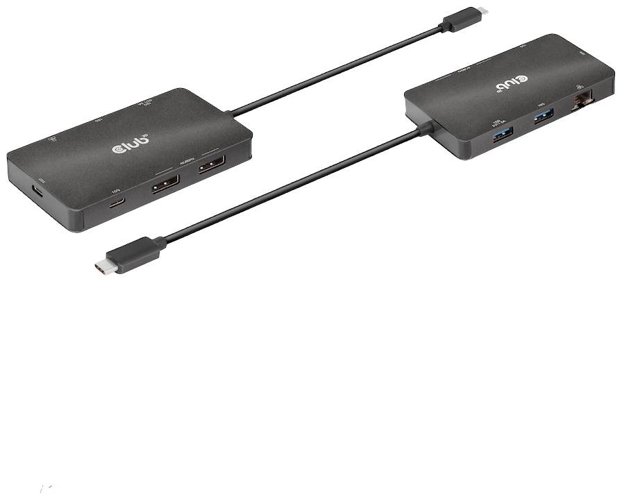 Zwei schwarze USB-C-Dockingstationen mit Anschlüssen: HDMI, Ethernet, USB-A und USB-C-Anschlüsse; jeweils mit Verbindungskabel.