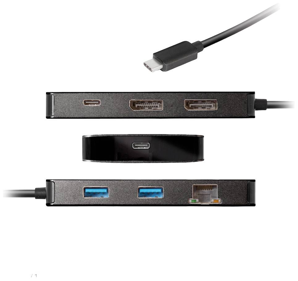 USB-C Dockingstation mit mehreren Anschlüssen: HDMI, DisplayPort, USB-A, Ethernet und USB-C. Ideal für Laptops und Peripheriegeräte.