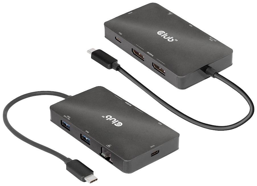 Zwei USB-C-Dockingstationen mit mehreren HDMI-, USB-A- und USB-C-Anschlüssen. Eines besitzt ein integriertes USB-C-Kabel.