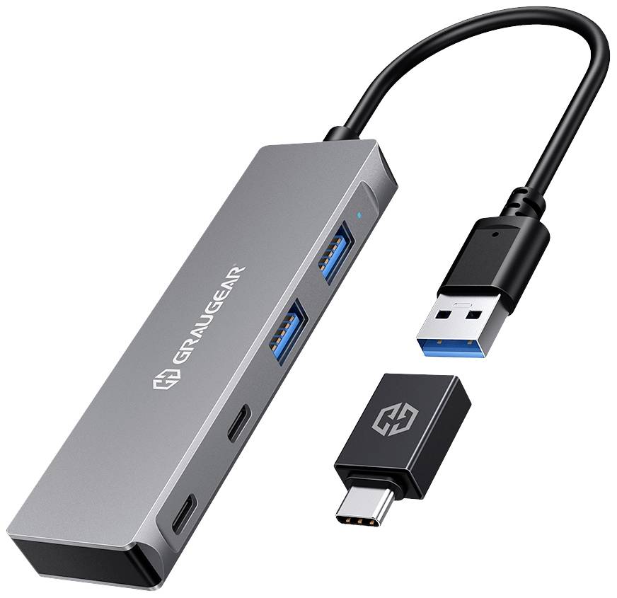 Ein USB-Hub mit mehreren Anschlüssen, darunter USB-A und USB-C. Er hat ein graues Gehäuse und ist mit einem USB-Stecker verbunden.