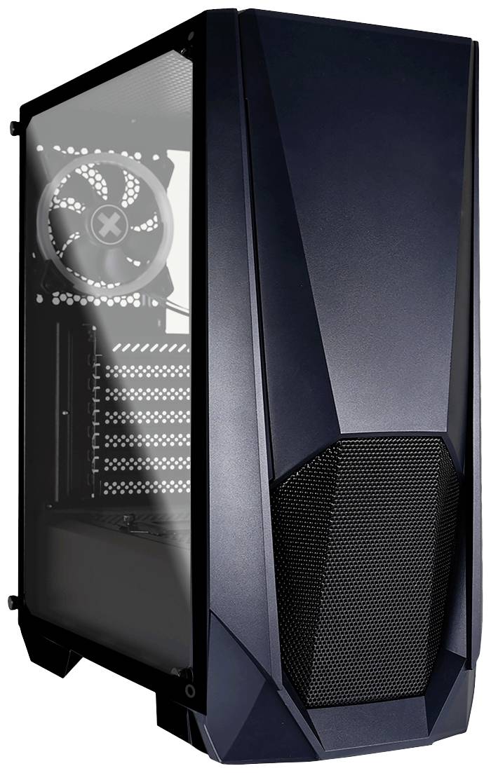 Ein schwarzes Computergehäuse mit Seitenfenster, das einen Lüfter und Platz für Hardware-Komponenten zeigt.