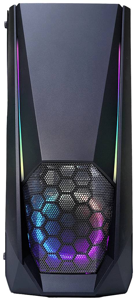 Schwarzes Computergehäuse mit sechseckigem Muster und RGB-Beleuchtung.