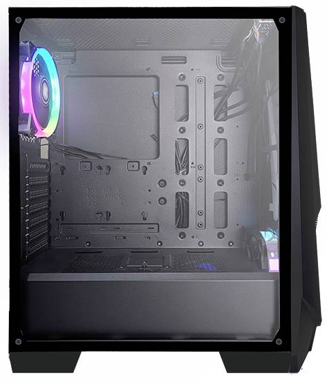 Gehäuse eines Desktop-Computers mit transparentem Seitenteil, sichtbarem Lüfter mit RGB-Beleuchtung.