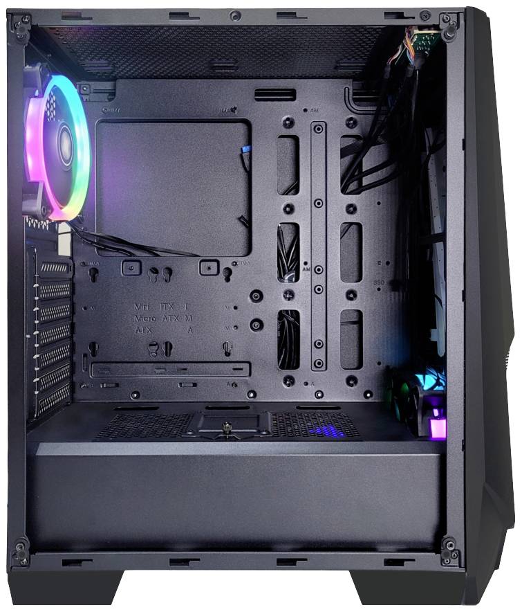 Leeres Computergehäuse mit seitlichem Sichtfenster. Innen sind Lüfter mit RGB-Beleuchtung und Steckplätze für Komponenten sichtbar.