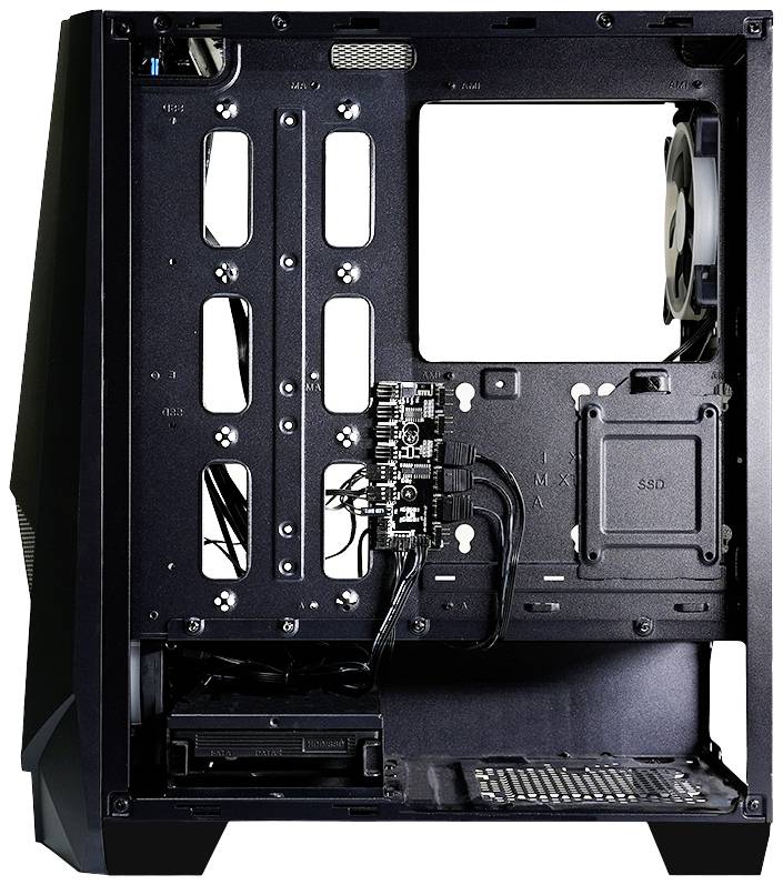 Offenes PC-Gehäuse ohne Komponenten, zeigt mehrere Lüfterplätze, Kabelmanagement und Einbauschächte für Festplatten und SSDs.