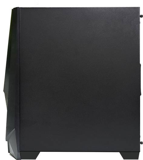 Schwarzes Computergehäuse von der Seite, rechteckig und schlichtes Design, ohne sichtbare Details oder Anschlüsse.