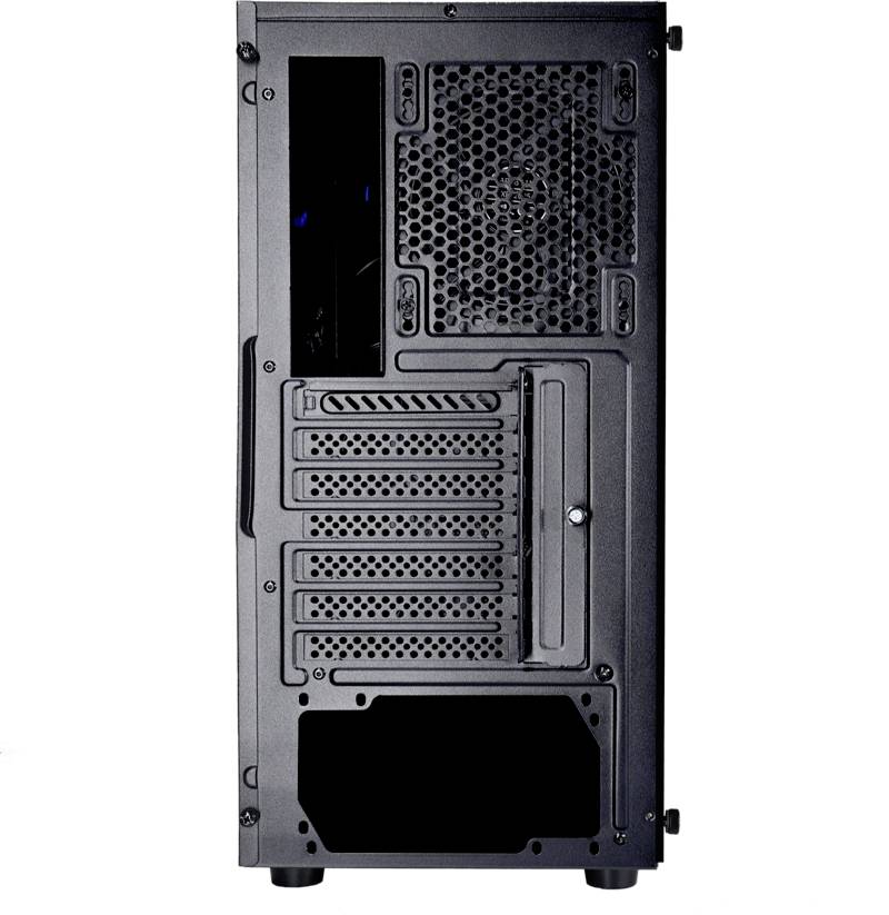 Rückseite eines Computergehäuses mit mehreren Lüftungsgittern und Erweiterungssteckplätzen.