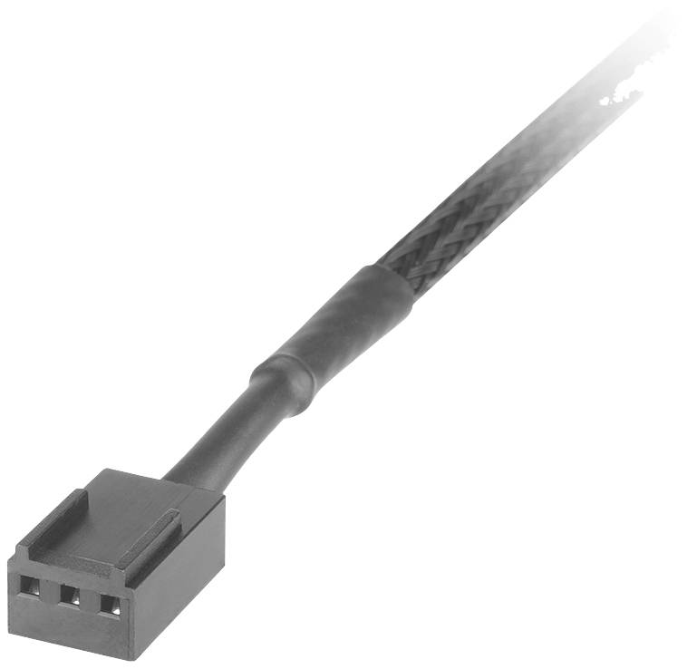 Ein schwarzes, geflochtenes dreiadriges Kabel mit einem rechteckigen, schwarzen Stecker am Ende.