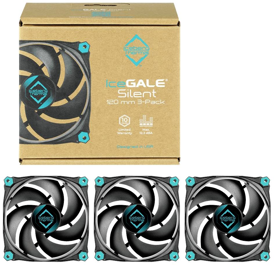 Verpackung und drei Computerkühler. Auf der Verpackung steht 'IceGALE Silent 120 mm 3-Pack'. Modellname und Produktdesign im Fokus.