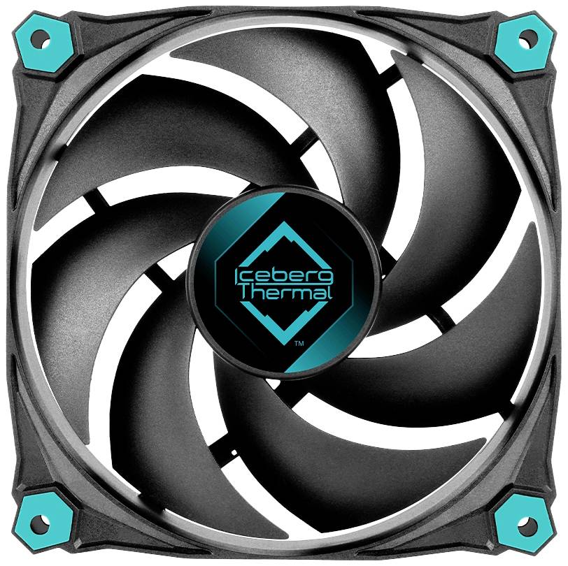 Ein schwarzer Computerlüfter mit geschwungenen Rotorblättern. In der Mitte steht 'Iceberg Thermal' auf einem blauen Hintergrund.