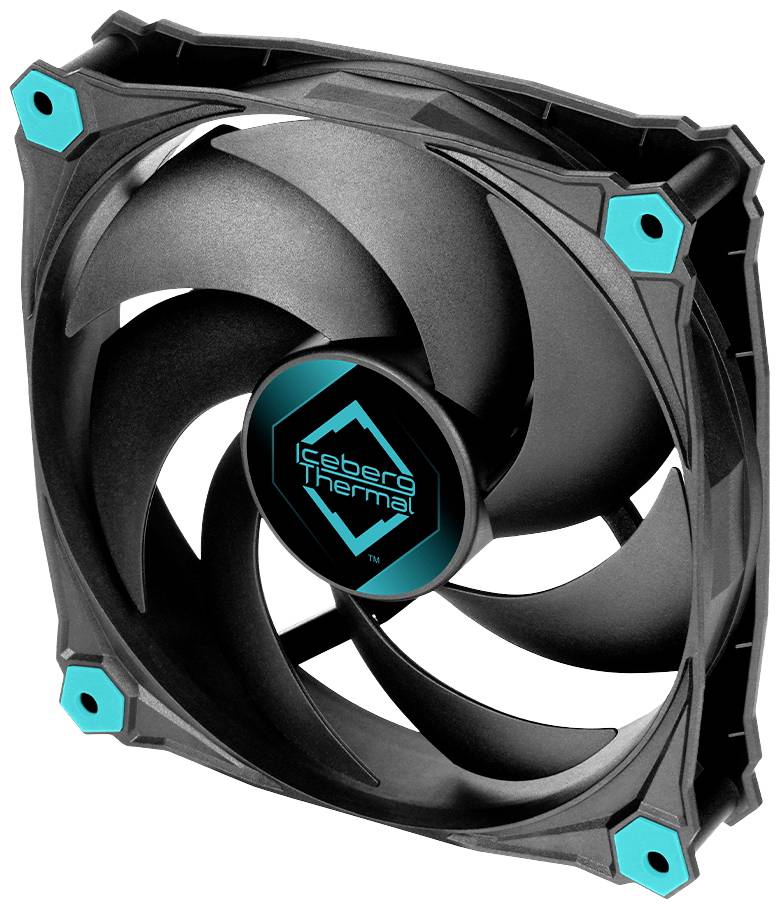 Computerventilator mit schwarzem Gehäuse und blauen Akzenten. Der Ventilator hat sieben geschwungene Rotorblätter.