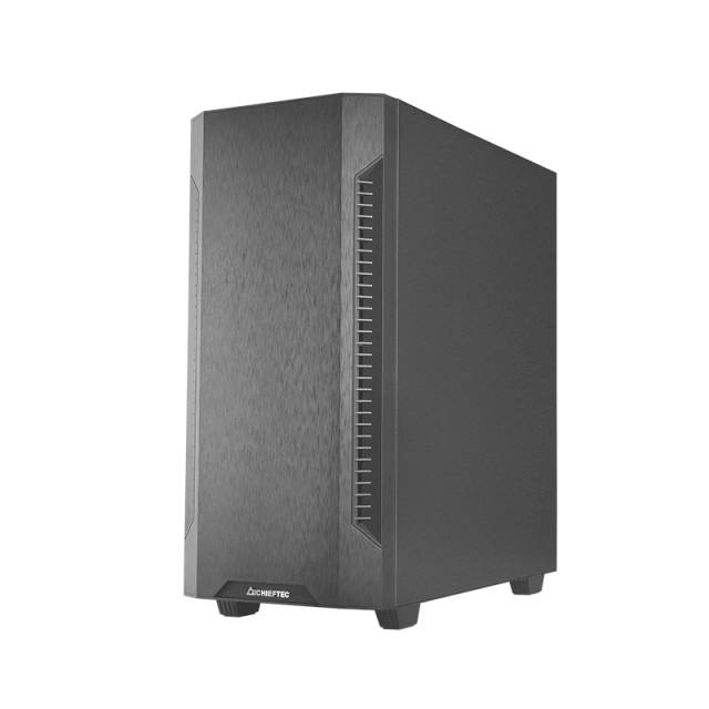 Ein schwarzes Computergehäuse steht aufrecht. Es hat ein schlichtes, modernes Design mit vertikalen Lüftungsschlitzen an der Seite.