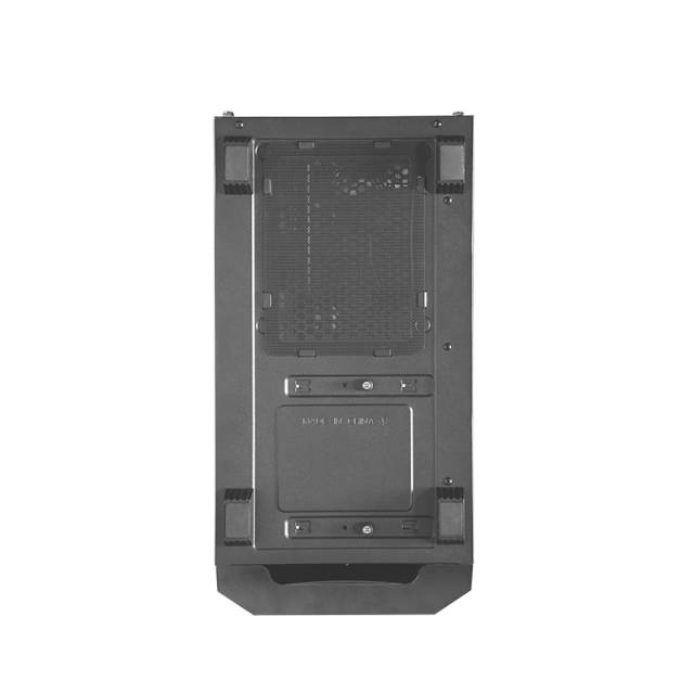 Ein schwarzes Computergehäuse von unten, sichtbares Lüftungsgitter, montiert auf vier Eckfüßen zur Belüftung und Stabilität.