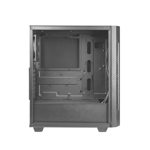 Gehäuse eines Computer-Towers aus Metall, offen und leer, zeigt interne Montageplätze für Komponenten; keine eingebauten Teile.