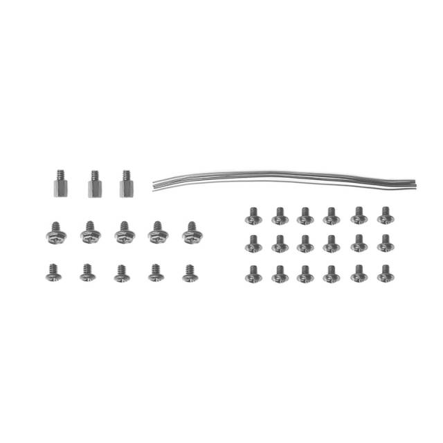 Schrauben-Set mit 24 kleinen Schrauben in zwei Größen und einem dünnen, gebogenen Metallstab, auf weißem Hintergrund.