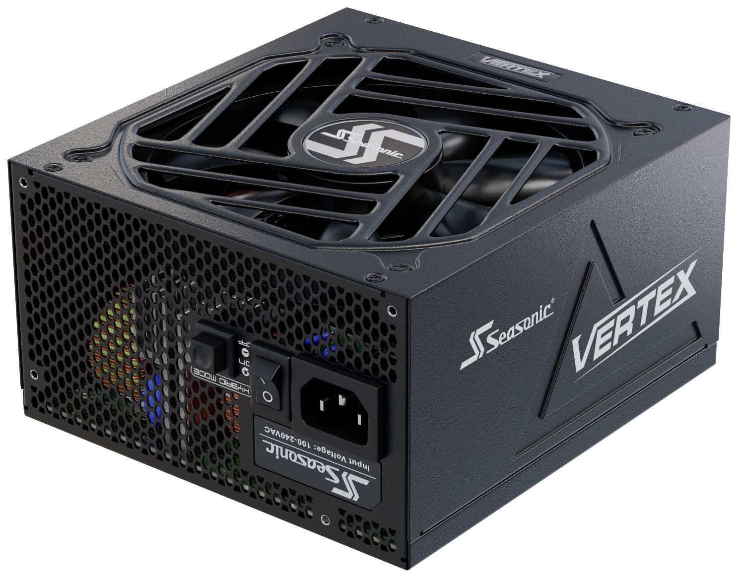 Ein PC-Netzteil von Seasonic, Modell Vertex, mit Lüfter und Netzanschluss. Hauptsächlich für die Stromversorgung von Computern.