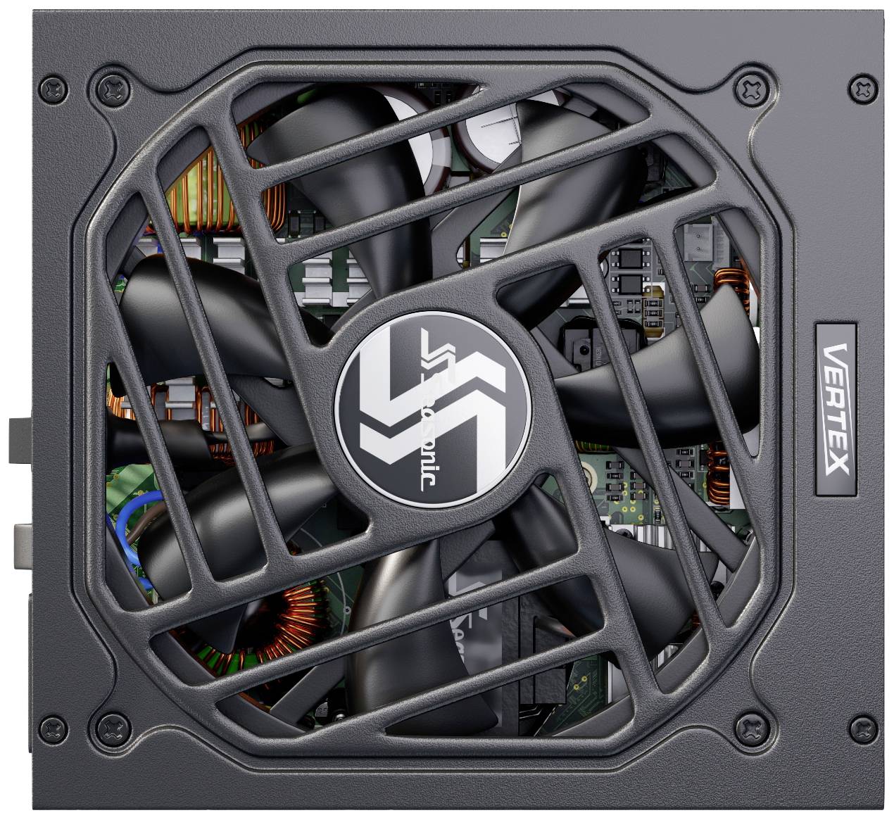 Ein schwarzes Computernetzteil mit sichtbaren Lüftern und elektronischen Bauteilen, markiert mit 'VERTEX'.