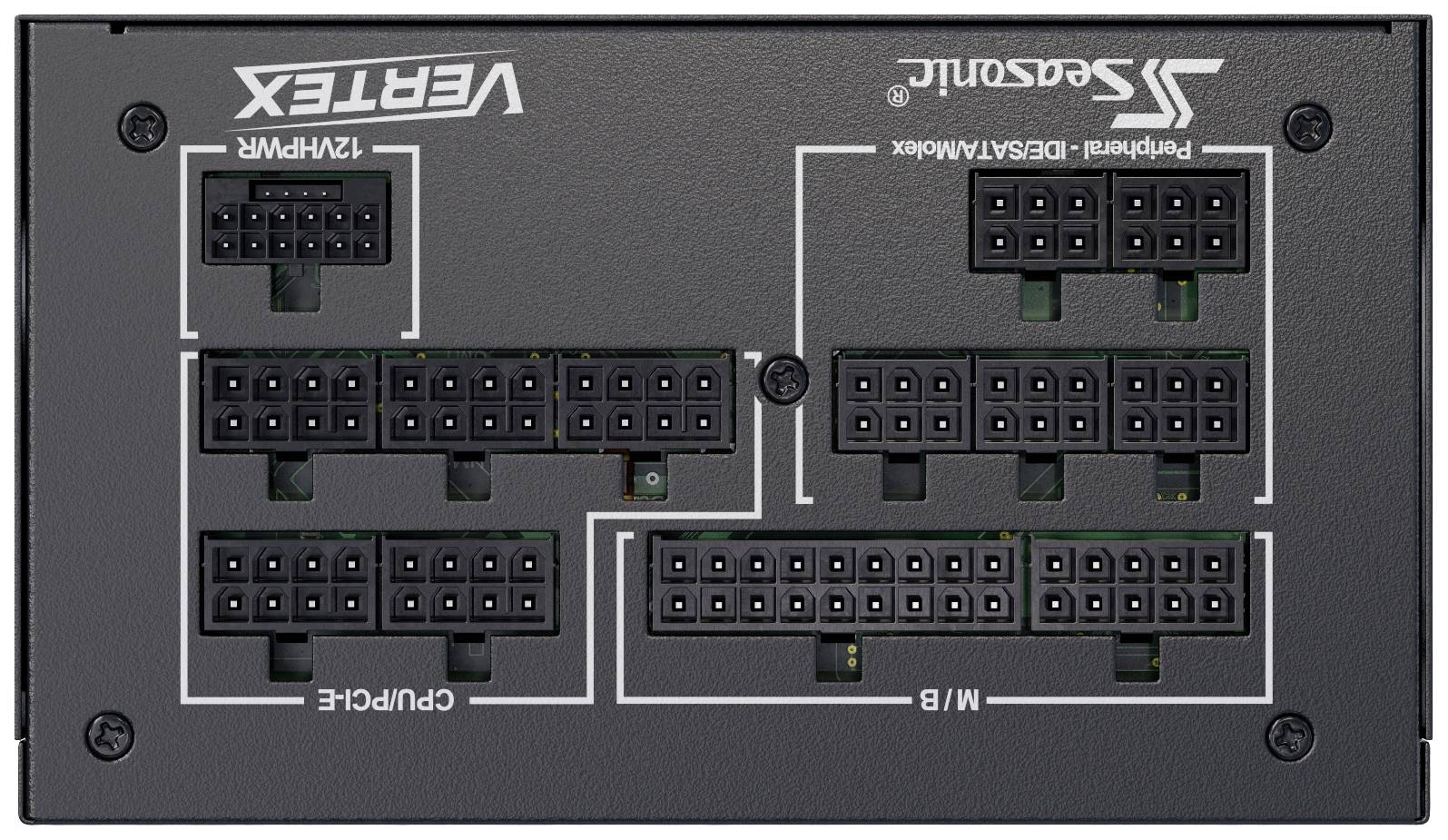 Netzteil-Anschlussfeld mit Beschriftungen für CPU/PCI-E, M/B, Peripherie/IDE/SATA/Molex, 12VHPWR. Zeigt Steckplatzanordnung.