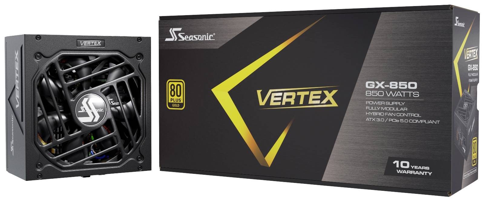 Netzteil von Seasonic, Modell 'Vertex GX-850', 850 Watt, 80 Plus Gold Zertifizierung, 10 Jahre Garantie, schwarz mit Verpackung.