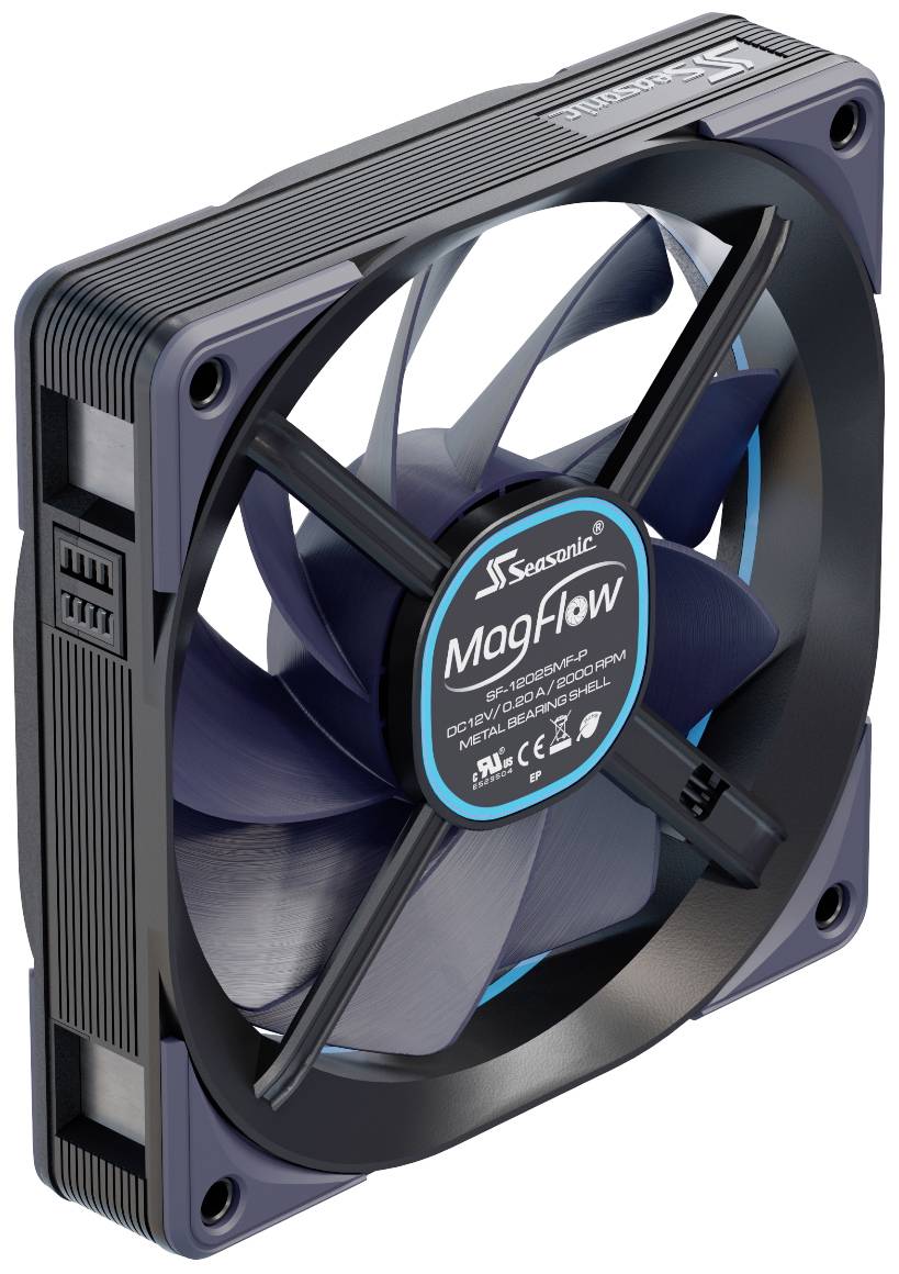 Computerkühler mit blau-schwarzen Lüfterflügeln und Markenlogo in der Mitte.