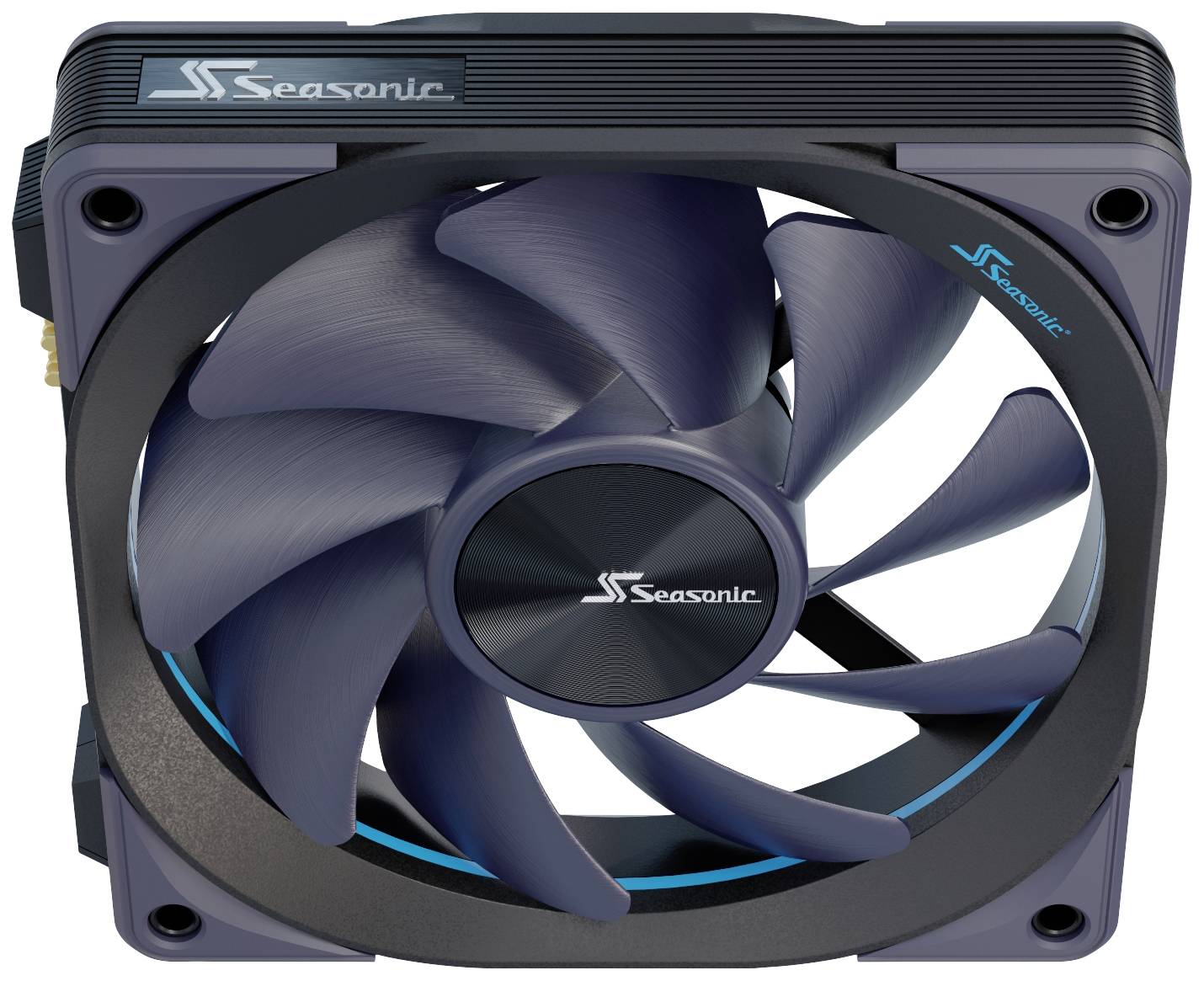 Hochleistungs-PC-Lüfter von Seasonic mit schwarzen und blauen Akzenten, hervorgehoben durch ein auffälliges Design und Logo.