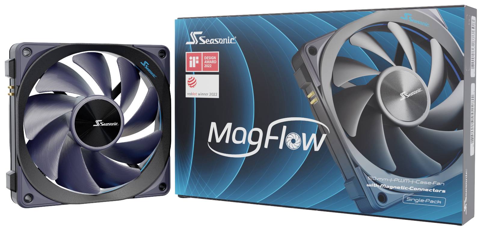 Gehäuselüfter von Seasonic, Modell 'MagFlow', neben Verpackung mit Produktabbildung und Auszeichnungssiegeln, zeigt Design- und Anwendungsdetails.