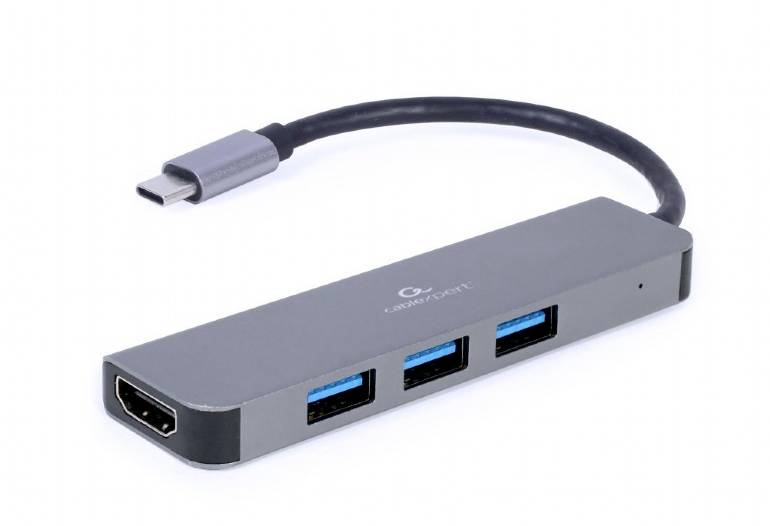 USB-C-Hub mit drei USB-Anschlüssen und einem HDMI-Anschluss, geeignet zum Verbinden mehrerer Geräte über eine einzige Schnittstelle.