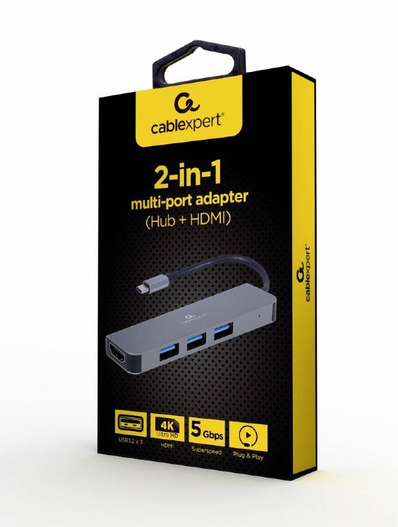 Verpackung eines 'cablexpert' 2-in-1 Multi-Port-Adapters mit einem Hub und HDMI-Unterstützung, Anzeige der Anschlüsse und Funktionen.