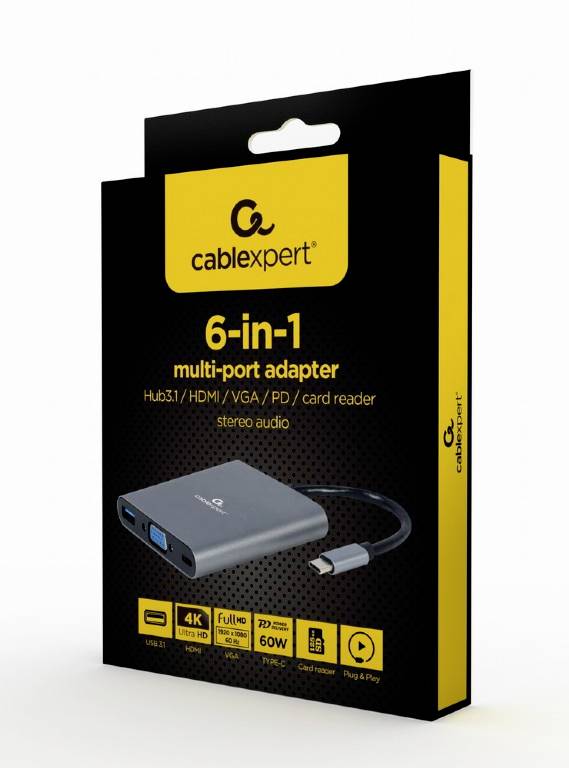 Gembird A-CM-COMBO6-01 USB-Hub Audio, 2.0 (3.5 mm Klinke), HDMI®, USB-A (USB 3.1 Gen 1), USB-C®, VGA Grau A-CM-COMBO6-01