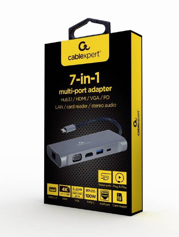 Box eines 7-in-1 Multi-Port Adapters von cablexpert. Unterstützt 4K, HDMI, VGA, LAN, Kartenleser und Audio. Plug & Play kompatibel.
