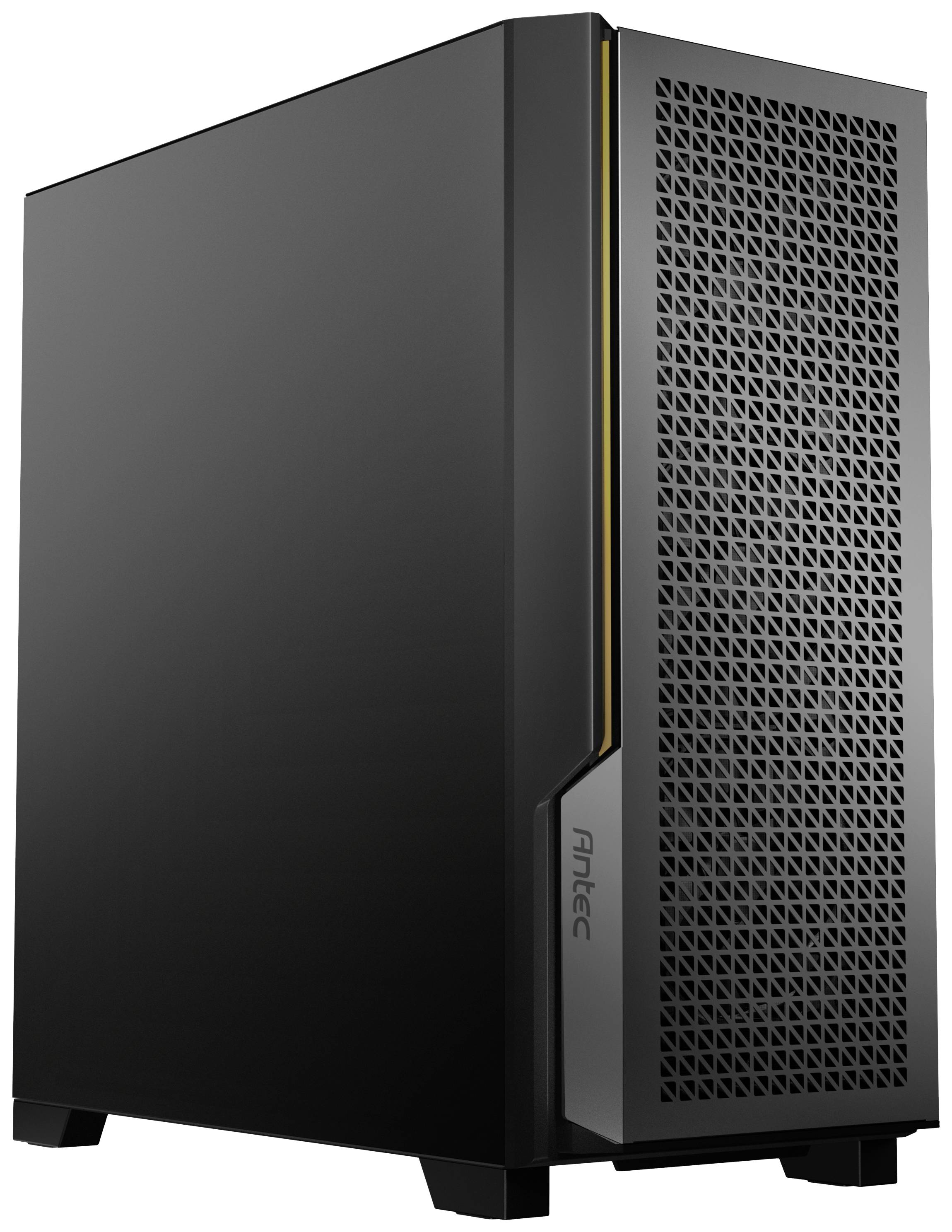 Ein schwarzes Computergehäuse mit einem Wabengitter an der Vorderseite, das dem Luftstrom dient. Die Marke ist 'Antec'.