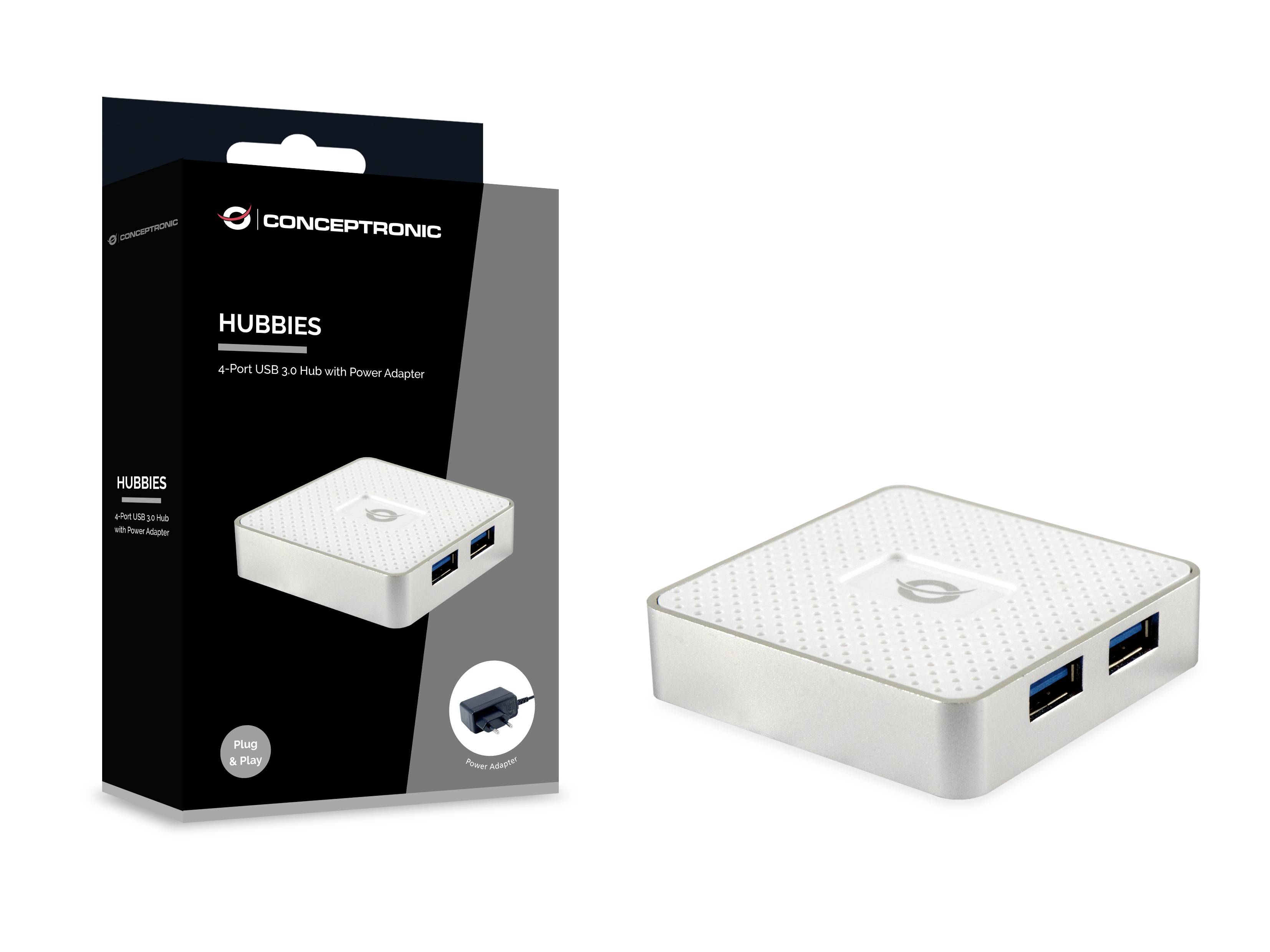 USB-Hub mit vier Anschlüssen. Verpackung links, Produktsicht rechts. Hauptmerkmal: Praktisch für erweiterte Konnektivität.